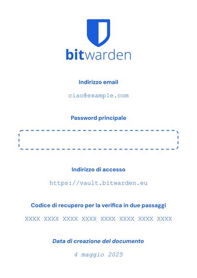 Anteprima del kit di emergenza Bitwarden che ho creato.

In cima alla pagina c'è il logo di Bitwarden. Sotto sono disponibili 5 campi in cui puoi inserire il tuo indirizzo email, password principale, indirizzo di access, codice di recupero per la verifica in due passaggi e data di creazione del documento.