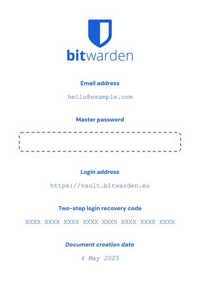 Preview of the Bitwarden Emergency Kit I've created.

At the top of the page there's the Bitwarden logo. Below 5 fields are available where you can input your email address, master password, login address, two-step login recovery code and document creation date.