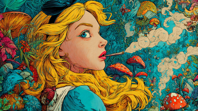 A blonde girl with large blue eyes and a black ribbon in her hair glances over her shoulder while exhaling swirling clouds of smoke from a lit joint between her lips. Her expression is calm and slightly dreamy, as if lost in a daze. She wears a classic blue dress with a white apron, strongly resembling Alice from Alice in Wonderland.

The background is a vibrant, psychedelic forest packed with exaggerated, colorful mushrooms, twisting vines, oversized flowers, butterflies, and surreal textures. The smoke from the joint blends into the sky in intricate spirals, merging with the whimsical scenery. The color palette is dominated by electric blues, fiery oranges, rich reds, and leafy greens, all rendered in a detailed, hand-drawn style with swirling linework and a trippy, poster-like aesthetic.

This AI-generated image reimagines Wonderland through a psychedelic, counterculture lens — a surreal, stoner twist on a classic fantasy tale.