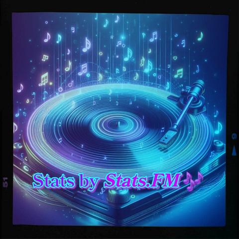 A vibrant, digital illustration of a turntable with a glowing, neon blue and purple vinyl record. Musical notes in various colors are floating above the turntable, creating a dynamic and lively atmosphere. The text "Stats by Stats.FM" is prominently displayed in the foreground in a bright, neon font with musical note accents.
