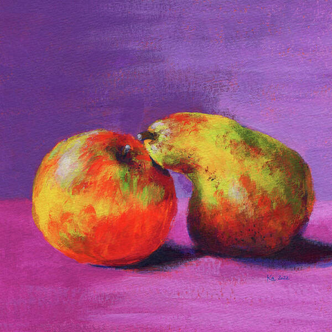 A Pair of Apple and Pear is an acrylic painting in contemporary square format painted by artist Karen Kaspar. A fresh ripe apple and a pear lie side by side on a table. The background is abstractly painted in various shades of purple and pink. The fruit is realistically painted in bright yellow, orange, red and green tones.
The pear appears to lean towards the apple and give it a kiss. Maybe she whispers to him: Would you like to make a fruit salad with me? The apple gets red cheeks and breathes back a happy yes.