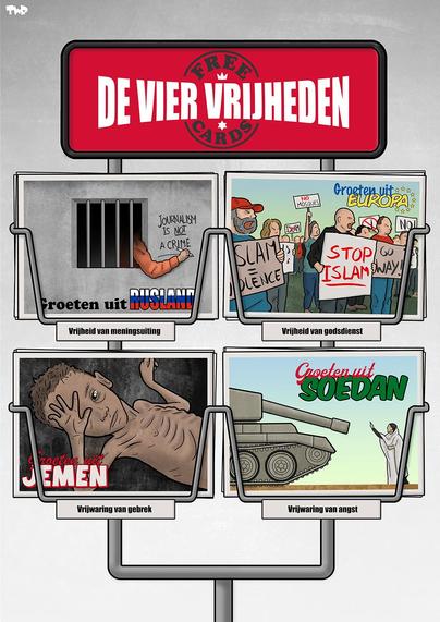 A display stand with four illustrated cards, each representing a freedom: speech (Russia), religion (Europe), want (Yemen), and fear (Sudan), labeled "De Vier Vrijheden" (The Four Freedoms).
