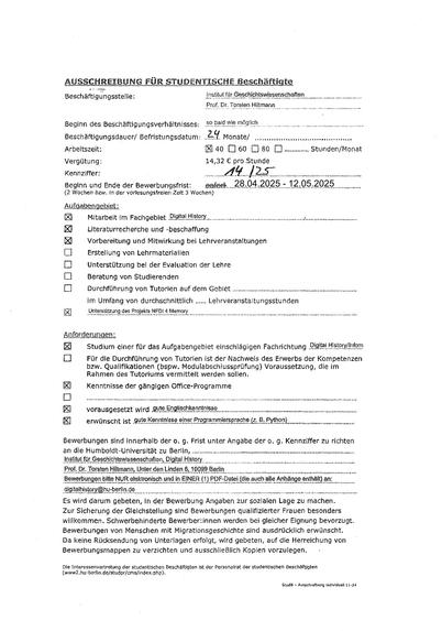 Ausschreibung für SHK-Stelle am Lehrstuhl für Digital History