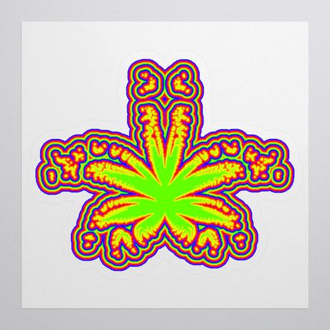 A sticker with psychedelic rainbow cannabis leaf art.