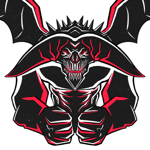 Cartoon drawing of the old iron king boss character from the video game dark souls 2.