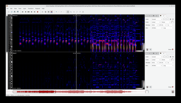 Melodic range spectrogram view of both sets of tracks, which shows time on a left-right scale but pitch on the up-down scale. Brighter colors indicate more energy in that part of the spectrum. The low end on the reference mix is much brighter throughout. Comparatively, the team's mix is almost invisible during the verses.