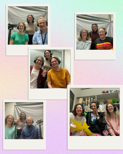 Five Polaroid images layered on a rainbow pastel background. Each image shows a girl with brown hair, a girl with blonde hair, and one guest all smiling and wearing headphones!