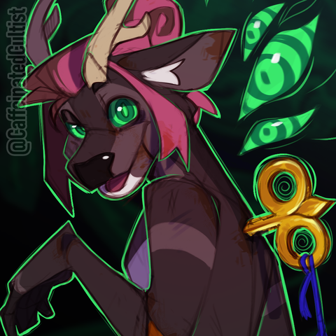 Digital art of a furry reindeer character, post transformation into a mechanical wooden toy. Character appears to be in pain, getting used to it's new body. A golden key is stabbed into its back, and ominous green eyes are watching the toy.

Artwork by, CaffeinatedCultist