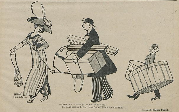 This image shows a sketch, black on yellowish paper. It shows three figures on a blank background. The one in the front is an elegant young woman, in an extravagant hat and carrying a handbag in her right hand and a little dog on her left hand. She is looking back. Behind her is a man, also wearing elegant clothes, carrying many large parcels. He is speaking with the woman in front of him. Behind him is a boy in uniform - a porter - carrying two large boxes.

Below them it says, in French: "No, but... with this, do you need nothing more? - Yes, to water it all, some Oxygénée Cusenier."

This sketch was published in "Le Sourire" on the 04.05.1911, p. 13.