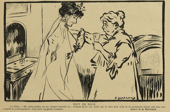 This image shows a sketch, black on yellowish paper. It shows two women standing in a bedroom. On the left, behind the women is a dressing table, while there might be a bed behind them on the right. The woman on the left is a dark-haired young woman in an elegant wedding dress. Her hands are folded behind her back. The woman on the right is an older woman, white-haired, with a tear on her face and described as the mother in the description. She has her left hand on the younger woman's shoulder. In her right hand, she holds a glass.

Below the image it says, in French: "Wedding night - The mother. - My dear child, at this solemn and... critical moment in your life, this will be more useful and supportive than all my advice and warnings: drink this Oxygénée Cusenier."

This sketch was published in "Le Sourire" on the 07.07.1906, p. 10.