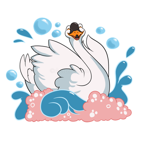 A cartoony, happy mute swan splashing about in pink suds.