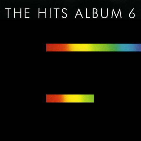 The cover art for the album The Hits Album 6.

The cover is mostly black, with 'THE HITS ALBUM 6' at the top in white. 

There is a rainbow-coloured stripe about a third of the way down and about two-thirds of the cover wide coming in from the right, and another one about a third wide and two thirds down. The black space is actually a large, blocky '6', the stripes are the gaps in the numeral.