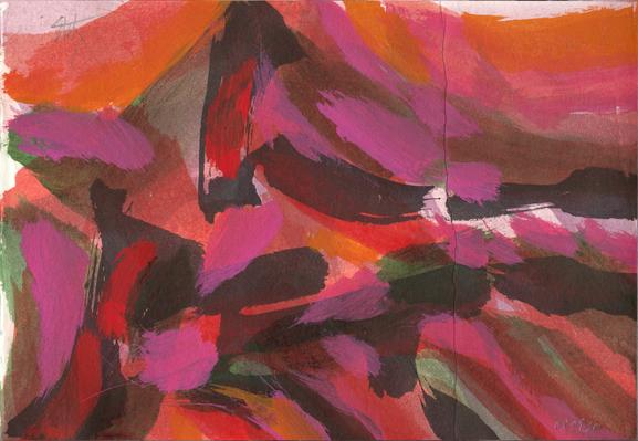 Peinture abstraite au format paysage, coups de pinceau oranges, fushias, rouges, gris et noirs, selon des directions générales différentes : horizontale à mis hauteur, vers un point élevé en haut à gauche, en diagonale vers la droite en bas.