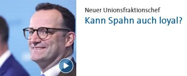 Screenshot von tagesschau.de:
links ein Bild von Jens Spahn und daneben der Text
"Neuer Unionsfraktionschef - Kann Spahn auch loyal?"