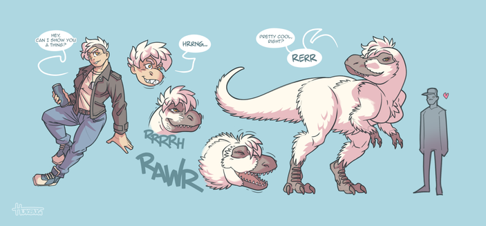 Five-panel sequence showing a burly young woman transforming into an anthropomorphic nanuqsaurus, a small variety of tyrannosaur adapted to life in polar regions.
Image 1: Our protagonist, a stoutly built young woman with a short bleached side cut, is sitting in a relaxed position, holding a can of beer and casting a cocky glance at the viewer.
Dialogue: Hey, can I show you a thing?
Images 2-4: Close-ups of our protagonist's face growing out into a strong reptilian snout partially covered in white fluff the same colour of her hair.
Dialogue/sound effects: Hrrng... Rrrrh... RAWR
Image 5: our protagonist fully transformed into an almost completely feral theropod dinosaur, with most of her massive reptilian body covered in soft, white plumage. A stylized humanoid outline next to her provides some scale while also looking remarkably flustered.
Dialogue: Pretty cool, huh? RERR