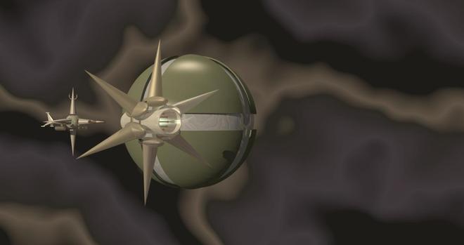 image de synthèse : deux vaisseaux spatiaux en orbite autour d'un truc sphérique...