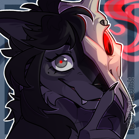 digital art of a furry character wearing a half-skull mask radiation red magic and ominous aura. Character is holding its index finger to it's nose and "shushing" the viewer whole making full eye contact with a red possessed pupil.

Artwork by, CaffeinatedCultist