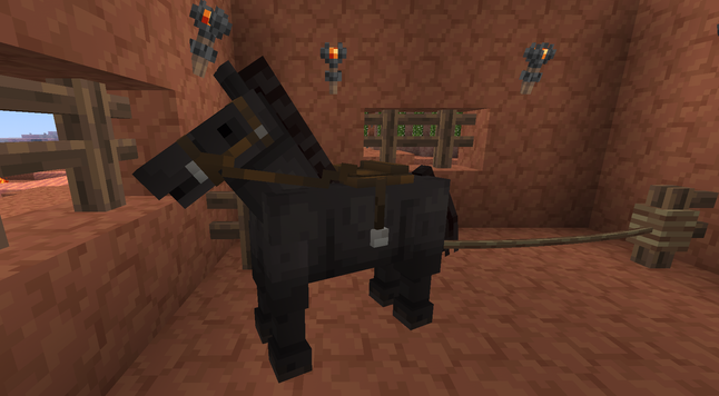 Mineclonia.  A dark brown horse, tethered to an oak fence, standing in a terracotta stable.