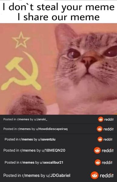 cat with hammer and sickle and the label:
I don't steal your meme 
I share OUR meme
And then a long list of where it was posted in r/memes by various reddit users