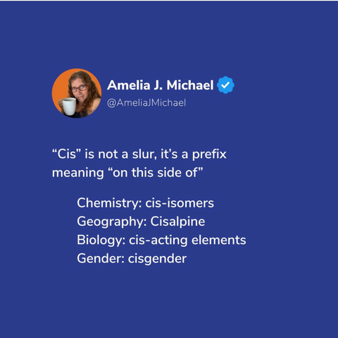 Photo describing that Cis is not a slur, it’s a prefix meaning “on the same side of”.