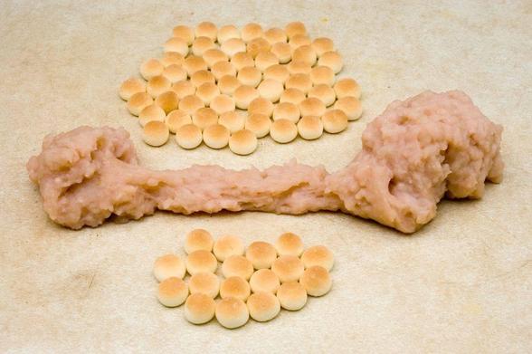 Image plate from Between The Shell, photobook by Paul Salveson, published 2006
Something gooey that looks like dough roughly shaped like a bone, and clusters of what look like baked buns, one cluster above the 'bone' and a smaller cluster below. What's this about?