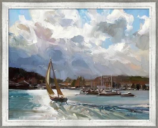 Framed print of an original oil painting depicting a sailboat entering the harbor at the end of the day.