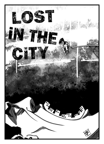 Black and white digital inks. At the bottom is a giant head with skyscrapers for teeth. Above the head is a man sitting on a diving board and looking down into the mouth. At the top left is the title Lost in the City.
