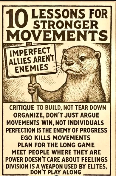 Graphic titled "10 lessons for stronger movements". There is a drawing of an otter holding a sign that says "Imperfect allies aren't enemies."

below the otter is a list:
- CRITIQUE TO BUILD, NOT TEAR DOWN 
- ORGANIZE, DON’T JUST ARGUE 
- MOVEMENTS WIN, NOT INDIVIDUALS 
- PERFECTION IS THE ENEMY OF PROGRESS 
- EGO KILLS MOVEMENTS 
- PLAN FOR THE LONG GAME 
- MEET PEOPLE WHERE THEY ARE 
- POWER DOESN’T CARE ABOUT FEELINGS 
- DIVISION IS A WEAPON USED BY ELITES, DON'T PLAY ALONG