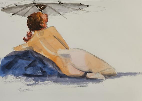 Watercolor of a woman with a umbrella