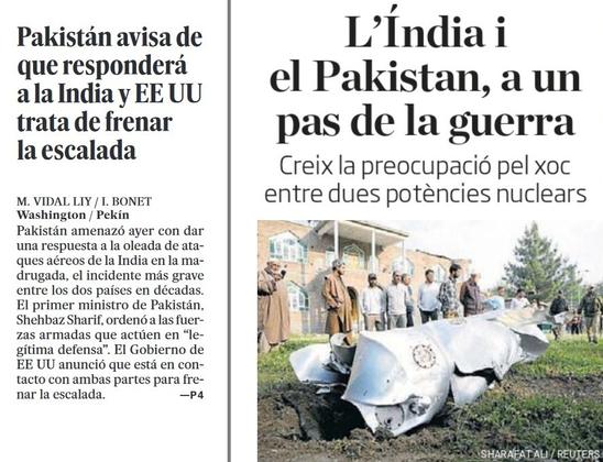 Extracte portades diaris El País i Ara (8/5/2025): "L'Índia i el Pakistan, a un pas de la guerra".
