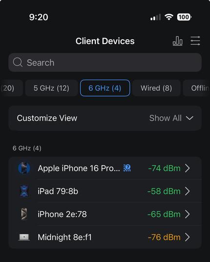 List from Unifi showing the iPhone connected at WiFi 7 speeds, and the iPad Pro, iPhone 15 and MacBook Air connected at 6ghz