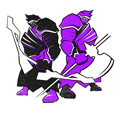 Cartoon drawings of two dragonrider boss characters, back to back, from the videogame dark souls 2.