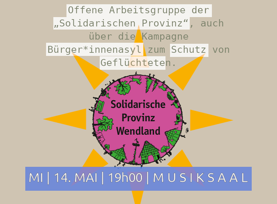 Logo der "Solidarischen Provinz Wendland". Hinweis aufs nächste Treffen am Mittwoch, 14. Mai, 19:00 Uhr.
