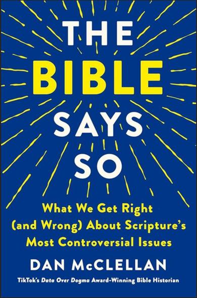 The cover of the book. Blue background with large letters. The BIBLE says so. There are yellow lines emanating outwards.