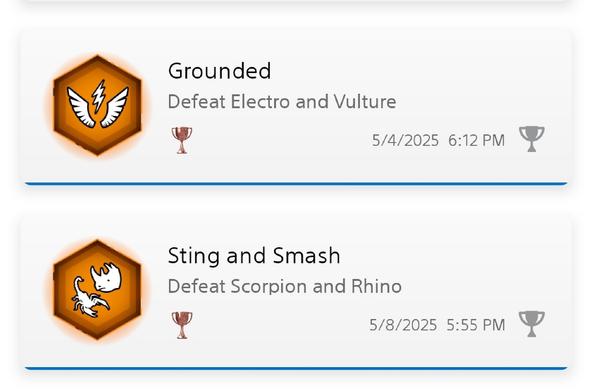 Trophies for defeating villains from the PS4 Video game Spider-Man