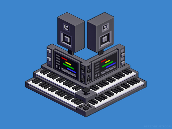 Isometric pixel art, showing an imaginary dual keyboard with a music sequencer on an attached monitor, and speakers on top of the rig.
