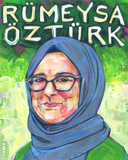 portrait of Rumeysa Ozturk, a woman wearing a hijab and glasses