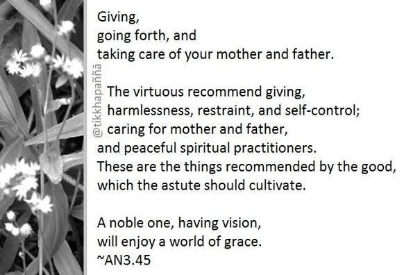 Giving,
going forth, and
taking care of your mother and father.
The virtuous recommend giving,
harmlessness, restraint, and self-control;
caring for mother and father,
and peaceful spiritual practitioners.
These are the things recommended by the good,
which the astute should cultivate.
A noble one, having vision,
will enjoy a world of grace.
~AN3.45