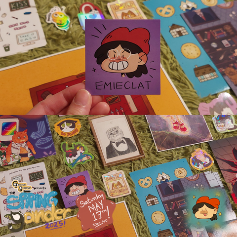 A promotional image for the SpringGander, featuring EmieClat's art. Stickers and all that jazz.