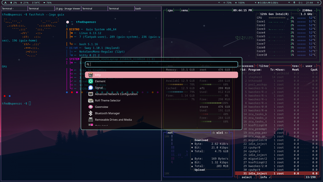 there are 3 apps opened: fastfetch andf bashtop in the kitty terminals and wofi

kitty, fastfetch, waybar were reconfigured by 3rd party configs, they are not included in my configuration yet.

Wallpapers are downloaded from TromJaro Linux