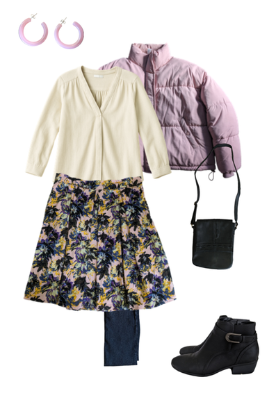 Flat lay of my outfit for the day with a cream flowy button up, memade floral box pleated skirt, black tights, black boots, dark green bag, pink resin hoops earrings and a pink puffy jacket.