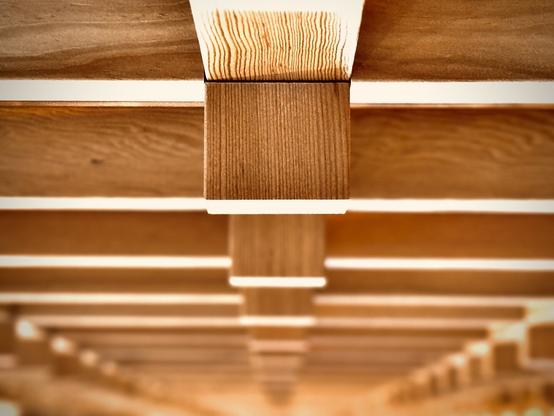 Rectangular wooden ceiling notches and overall framework protrude down in a seemingly endless straight line extending into the distance.