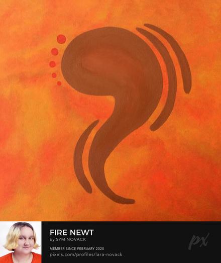 Swift movement against a burning sunset sky, an abstract shape of brown is accompanied with bright red dots spanning the curve of its face. Akin to the body shape of a fire newt, this painting scuttles and twists with the speed of such a lizard.