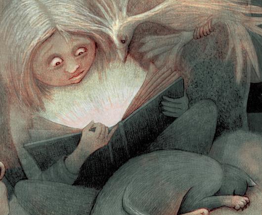 On a muted dark green watercolor wash, a detailed pencil/graphite drawing of a young girl staring avidly at an open book. She is seated in a chair and surrounded by all kinds of creatures, including a turtle, rabbit, owl, alligator, snake, fish and bird. Next to her on a small table, a cup of steaming tea and a plate of cookies.