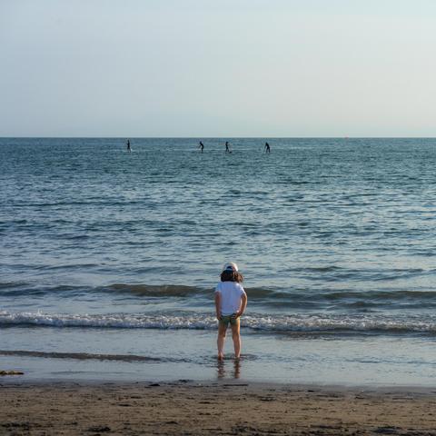 The image depicts a beach scene. There's a child standing near the shoreline, looking out at the water. In the background, several people are paddleboarding on the ocean. The weather appears to be clear and sunny.
