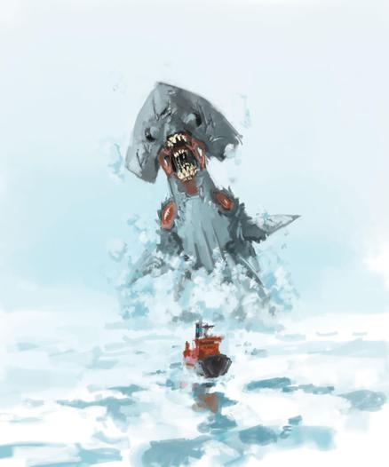 Digital painting of gigantic shark like monster bursting through ice as an icebreaker ship plows ahead of it