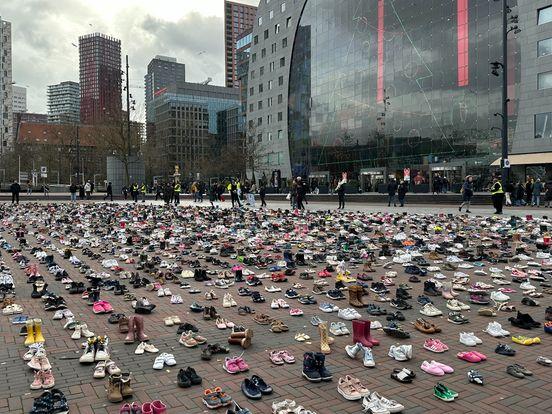 8.000 children shoes placed in Rotterdam in December 2023, to commemorate the thousands of children killed by Israel.