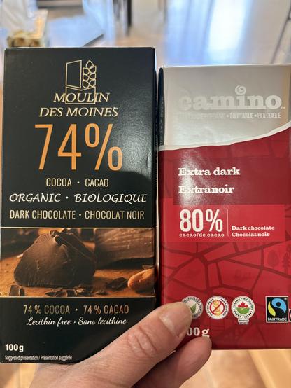 Moulin Des Moines and Camino dark chocolate bars