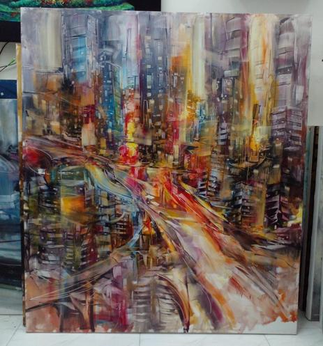 a painting of a congested modern city, in a fractured prism style, a river of traffic running through the middle, lots of energy and tones everywhere