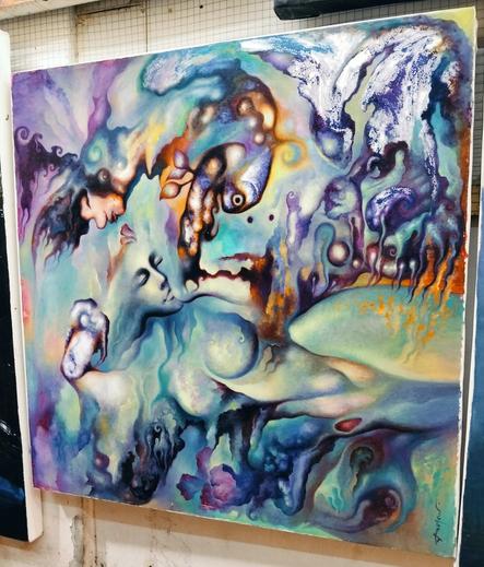 a painting, it is a colorful scene , dreamy, done in pastel tones, there are vegetative and mineral-like forms around a female laying on her side, her form warped and distorted, lots of teals and purples and orange and blue